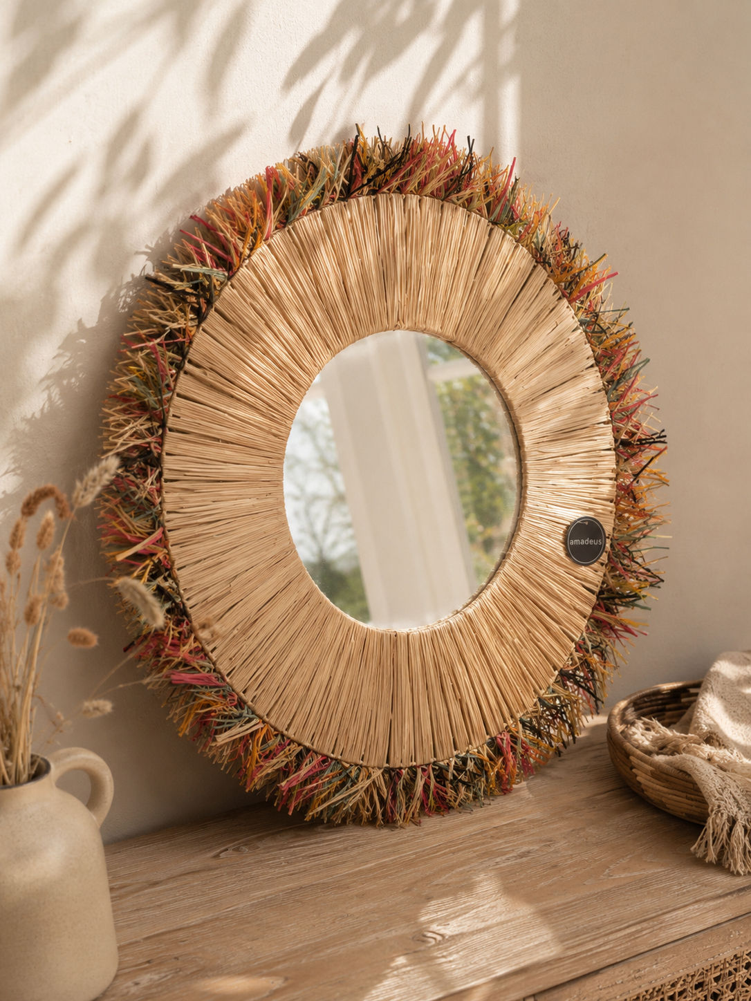 Miroir mural rond en raphia multicolore – Décoration bohème artisanale
