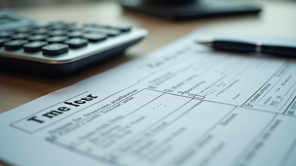Close-up view of a calculator and tax forms on a table