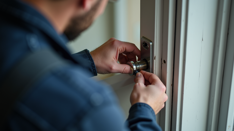 High angle view of a locksmith repairing a UPVC door lock