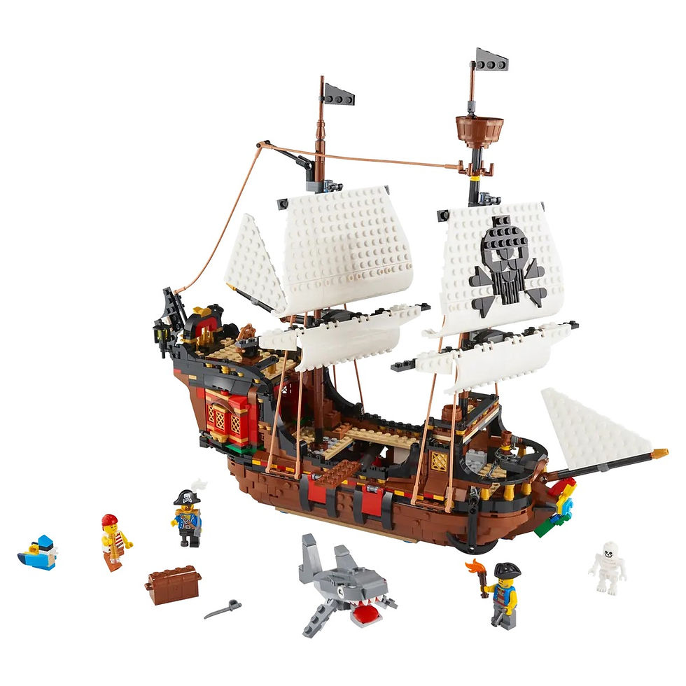 Modello LEGO di un galeone pirata costituito da una grande nave marrone, nera e rossa con una grande vela bianca contrassegnata dal simbolo di un teschio nero, con a bordo il capitano e il suo equipaggio.