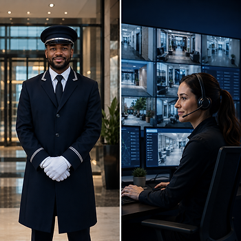 Traditional doorman and VIRTUAL DOORMAN® remote access management providing secure entry and visitor assistance for a multifamily apartment building.