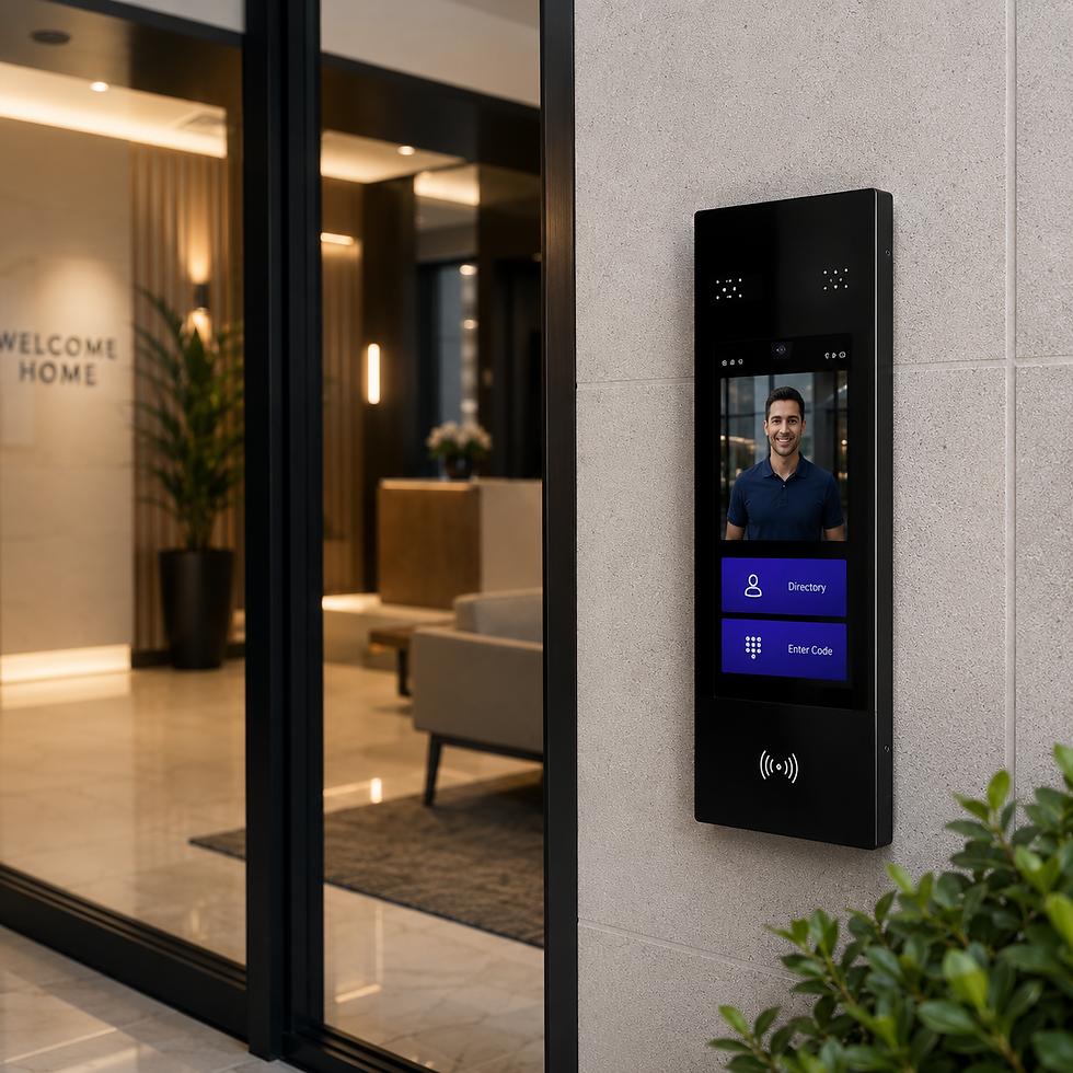 VIRTUAL DOORMAN® touchscreen intercom installed at a secure multifamily apartment building entrance.