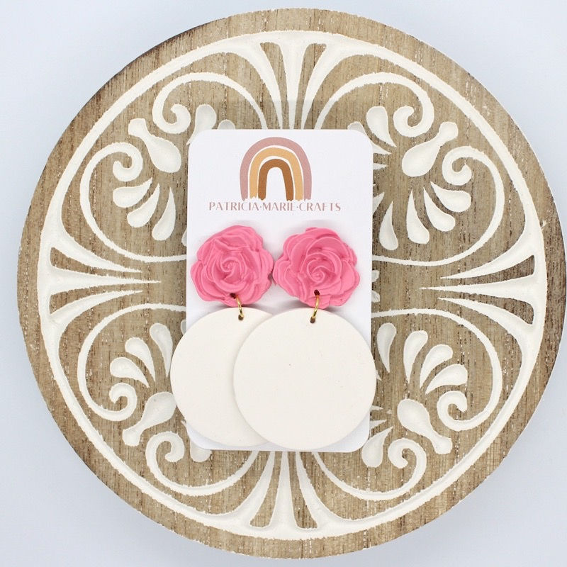 handmade pink white large clay stud dangle earrings