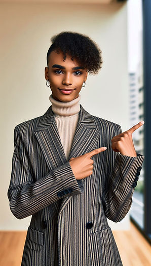 Trans light-skinned black woman in a business casual outfit standing turned towards the LE