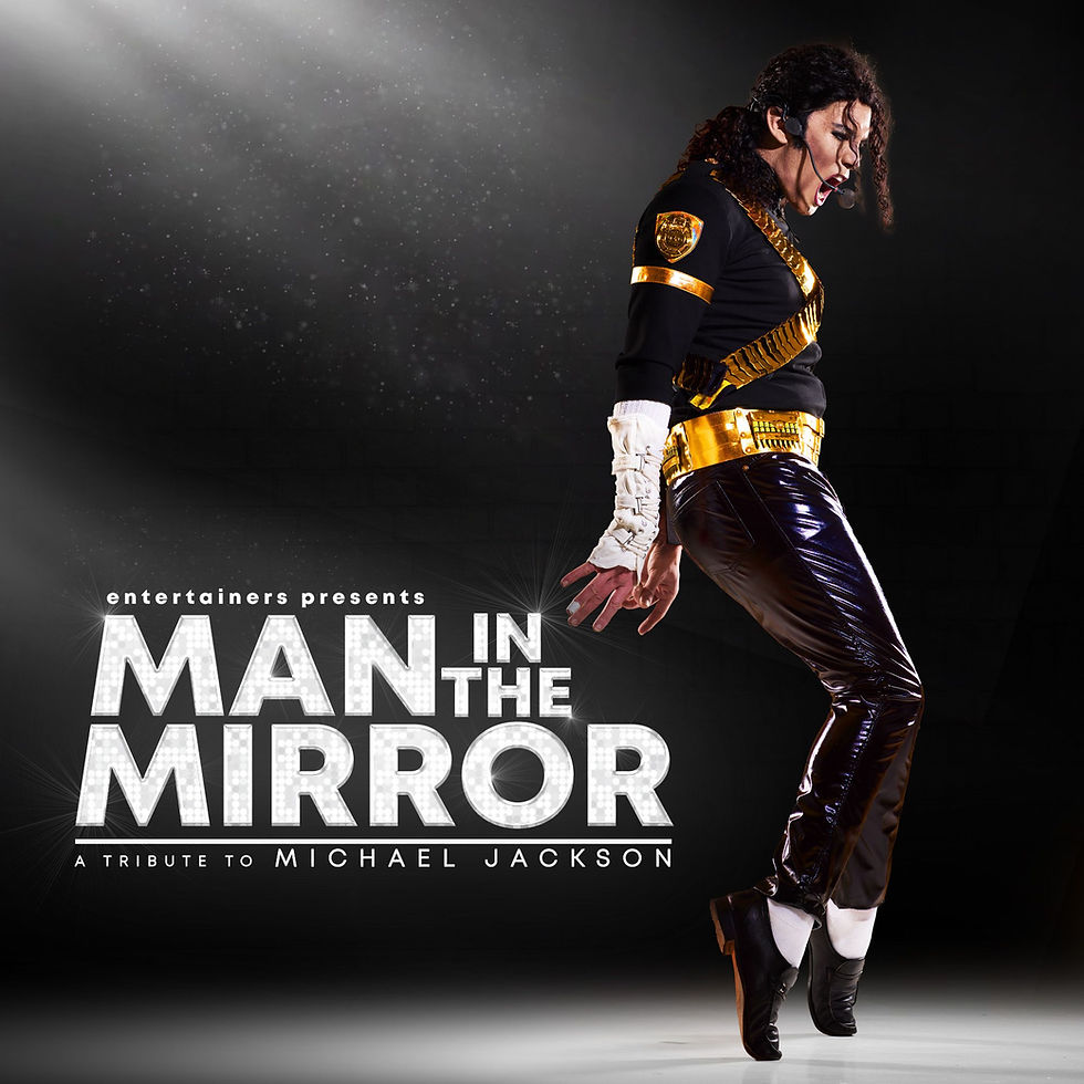 Man in the mirror poster for a Michael Jackson tribute show, with an MJ imitator posing in one of MJ’s iconic dance moves.