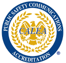 CALEA public safety communications program logo. A golden eagle surrounded by a wreath in the middle, with CALEA written across. A dark blue circle around the edge reads "Public Safety Communications Accreditation"