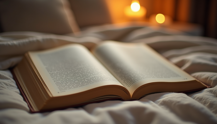 Close-up view of an open book with sensual text on a cozy bed