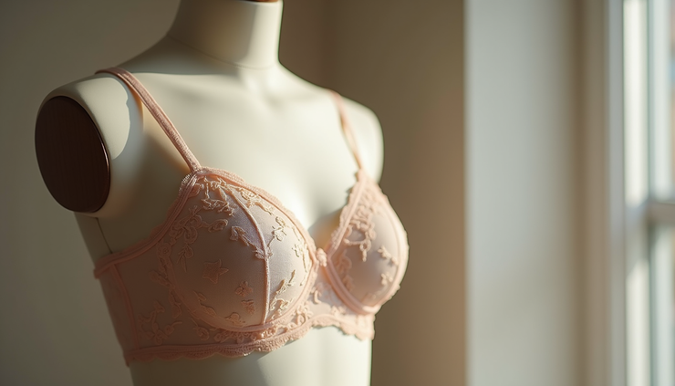 Eye-level view of a lace lingerie set displayed on a mannequin torso