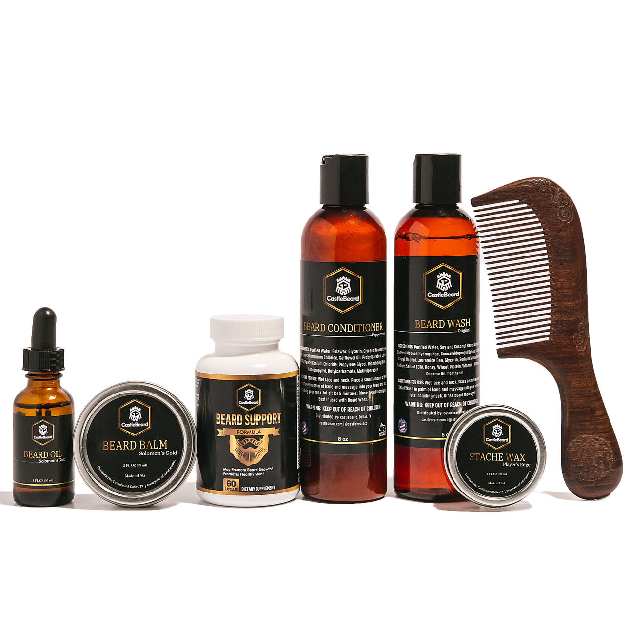 Beard care products including Beard Oil, Balm, Beard Support, and comb. Full Beard Grooming Kit