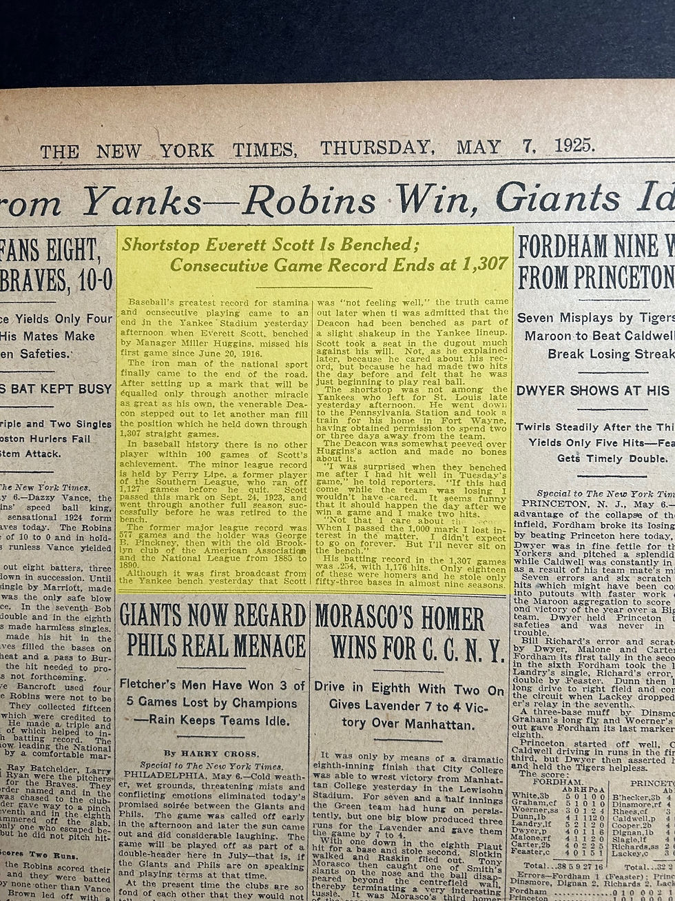 Less than a month before Lou Gehrig started his record streak of 2,130 games played, teammate Everett Scott had his big-league record of 1,307 consecutive games played broken when he was benched for Paul Wanninger on May 6, 1925.