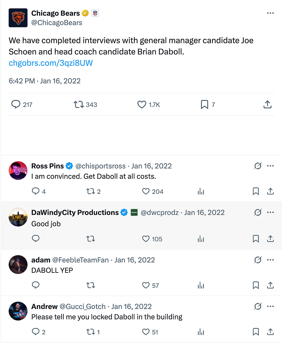 At least some Bears fans were sold on Brian Daboll the moment the Bears announced their interview with Daboll on Jan. 16, 2022.