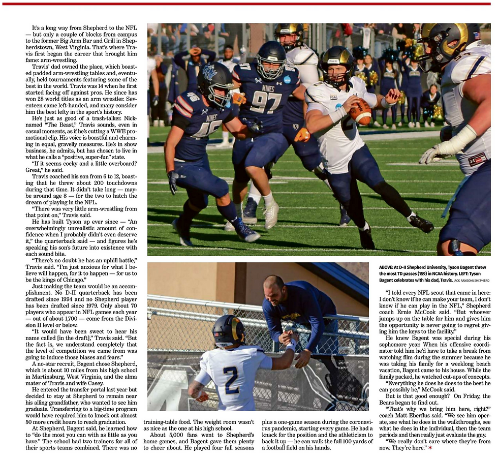 Tyson Bagent was the first Division II quarterback drafted since 1994. He threw 159 touchdown passes at Shepherd University — the most by a quarterback at any NCAA level at the time.