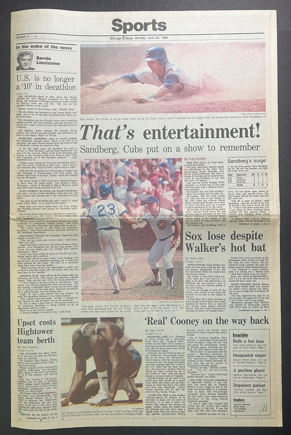 The sports section of the Tribune covering the "Sandberg Game" — the Cubs' 12-11 victory over the Cardinals in 1984 when Ryne Sandberg hit game-tying home runs off former Cubs closer Bruce Sutter in the ninth and 10th innings. (Impressive group of bylines on this page!)