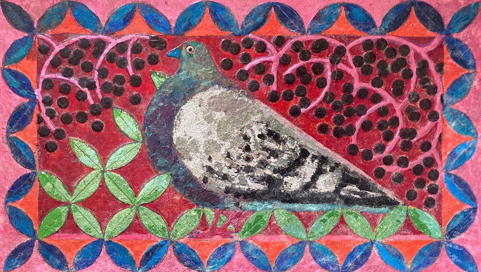 Thumbnail: Fat Pigeon with Elderberries - gilded collage - 32 x 45cm