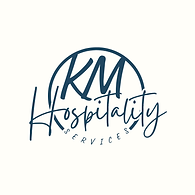 Logo: 'KM' above 'Hospitality'; surrounded by a circular emblem that closes in 'Services' at the bottom in slate blue 