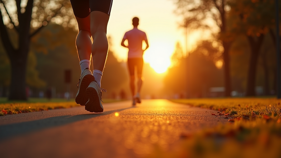 Eye-level view of a person jogging in a park during sunrise