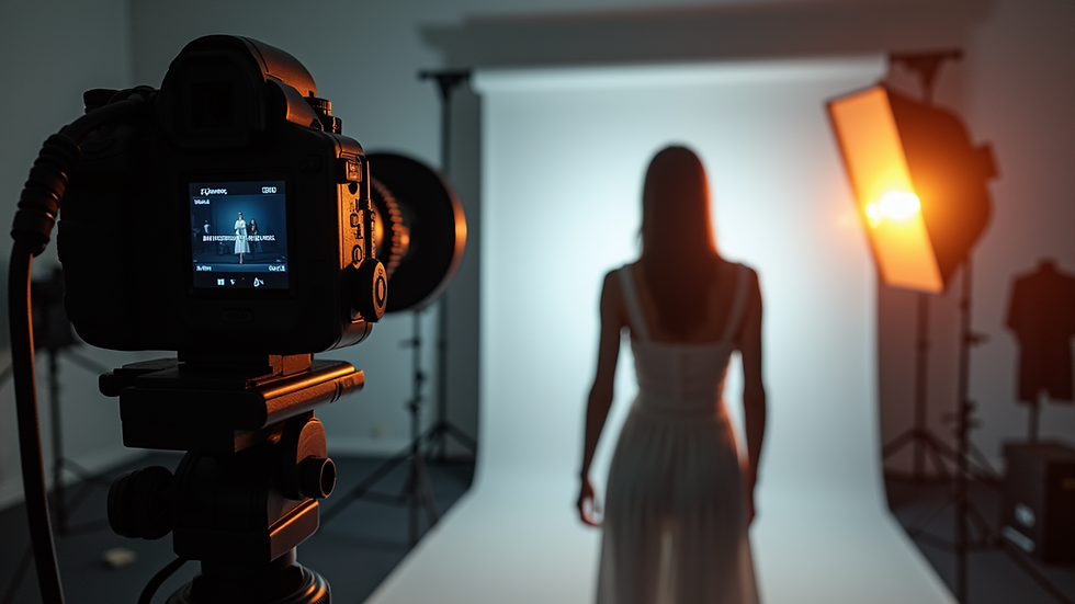 Close-up view of a fashion photoshoot setup with lighting and camera equipment