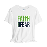 A picture of a blue t-shirt with a "Fair Over Fear" graphic.