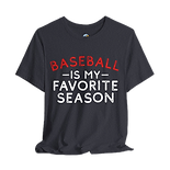A picture of a blue t-shirt with a "Baseball is my Favorite Season" graphic.