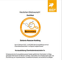 Zertifikat Chemikalienbotschafterin: Die BEF, das Baltik Environmental Forum bestätigt, dass ich beim Online Lehrgang teilgenommen und die Prüfung zur Chemikalienbotschafterin erfolgreich bestanden habe.