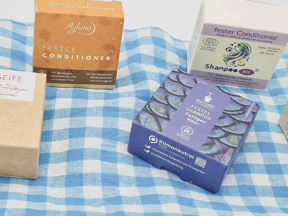 Unterschiedliche Karton mit festen Haarplegestücken: Conditioner, Shampoo und Seife