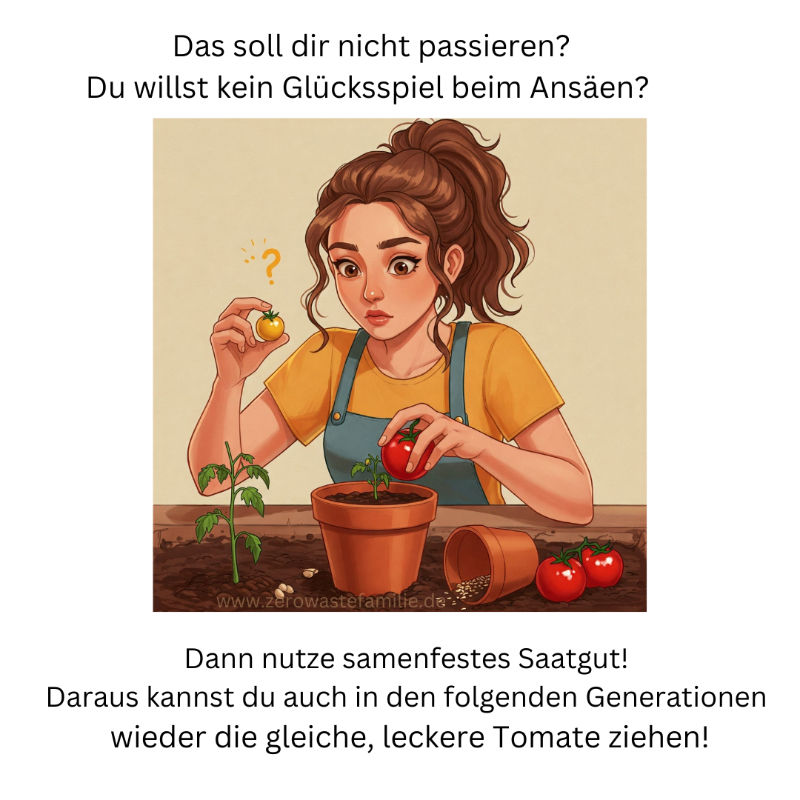 Text: Das soll dir nicht passieren? Du willst kein Glücksspiel beim Ansäen? Bild: Ich verwirrt, was ich nun ansäen soll und schaue mit fragen eine rote und eine gelbeTomate an. Auf dem Tisch liegen Tontöpfe mit Erde und Saatgut. Text2: Dann nutze samenfestes Saatgut! Daraus kannst du auch in den folgenden Generationen wieder die gleiche, leckere Tomate ziehen!