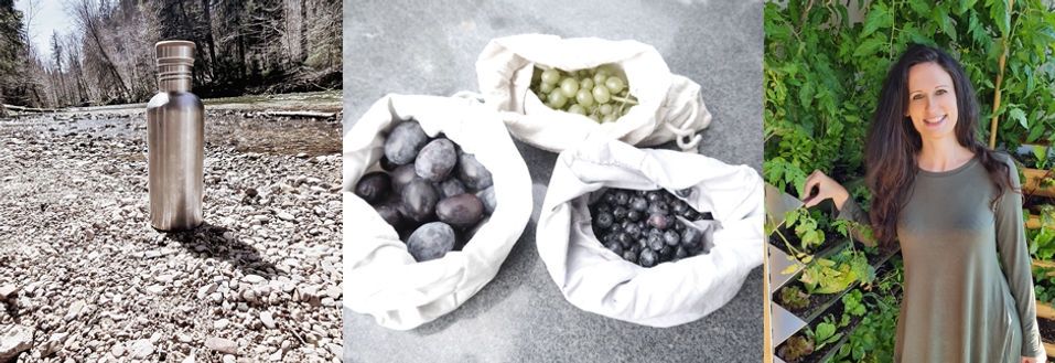Zero Waste Familie - Edelstahl Trinkflasche in der Natur, Zero Waste Einkauf mit Stofftaschen, Stefanie Kießling vor den Wnadbegrünungen auf ihrem Balkon