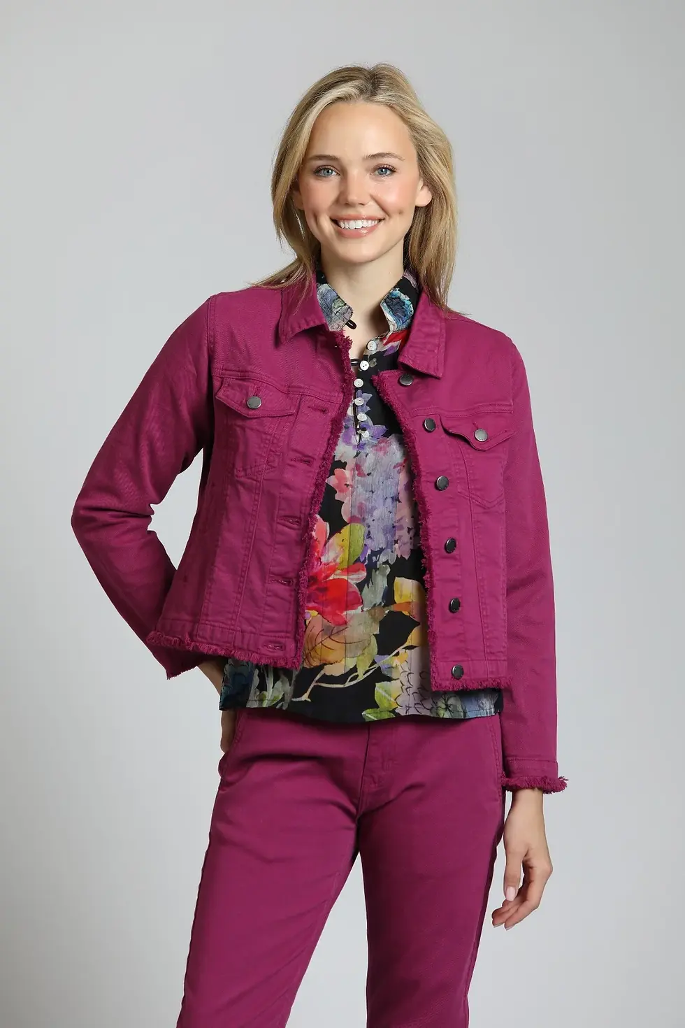 APNY Jean Jacket With Frayed Detail in Bordeaux