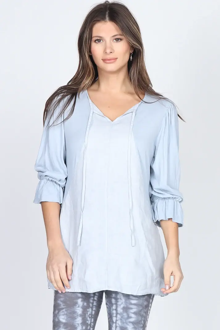 M Rena Split Collar Ruffle Sleeve Poet Shirt with Pockets in Frosty Blue