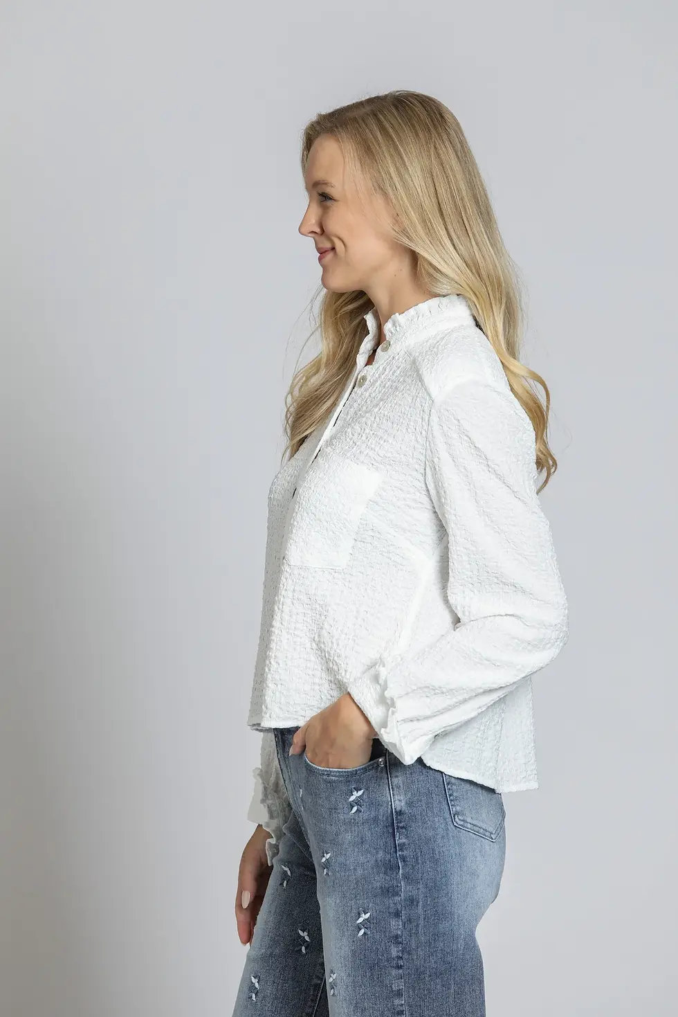 Thumbnail: APNY Cropped Check Shirt with Ruffle Detail in White