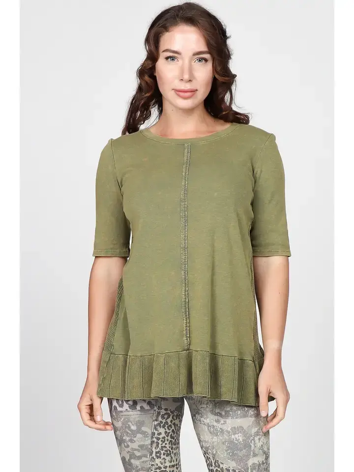 M Rena Pointelle Ruffle Hem Shirt in Green Olive