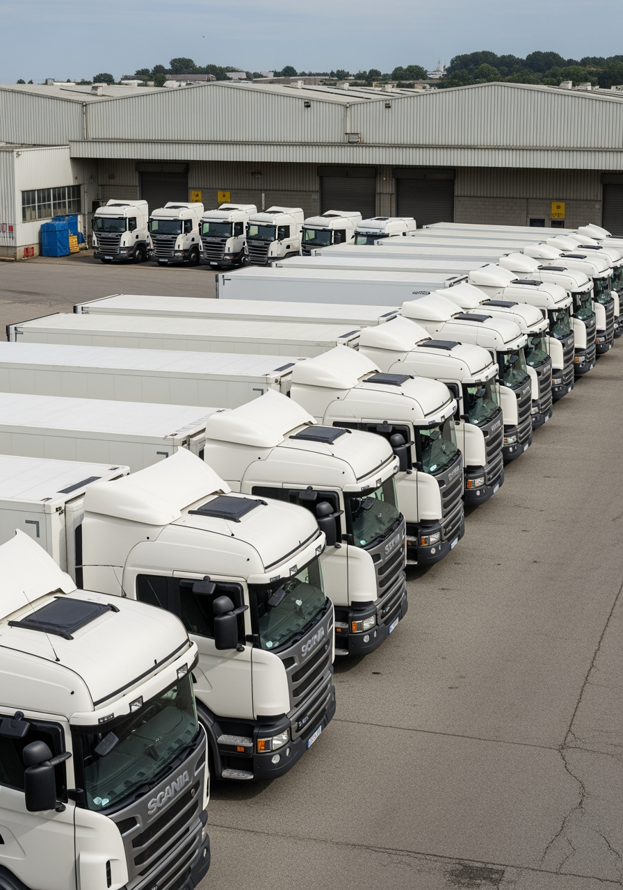 Firefly_Imagen_Gereihte Flotte weißer SCANIA LKWs in leichter Vogelperspektive fotografier
