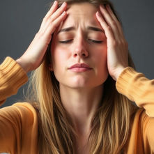 Woman in Port Charlotte Florida holding her head during a migraine, with natural relief elements like herbs in background
