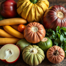 Fresh organic vegetables from Port Charlotte farmers market vs conventional produce with pesticide warning symbol