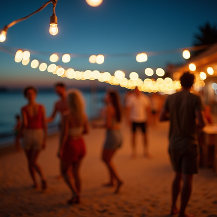 Eine lebendige Szene einer Sommernachtsparty am Strand mit Lichtern und tanzenden Menschen