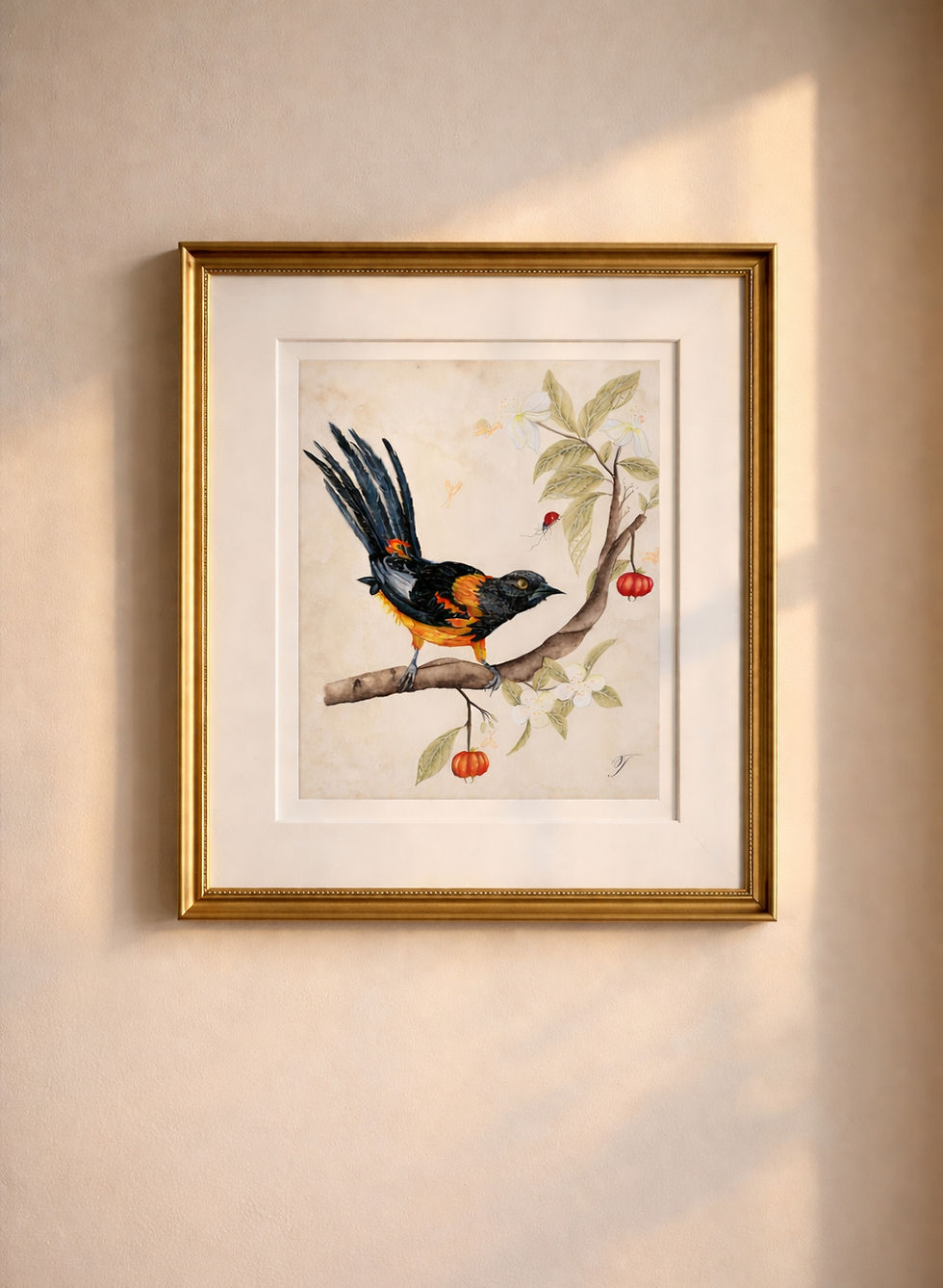 Framed fine art giclée print of an original bird painting on enhanced matte paper, 200 gsm.