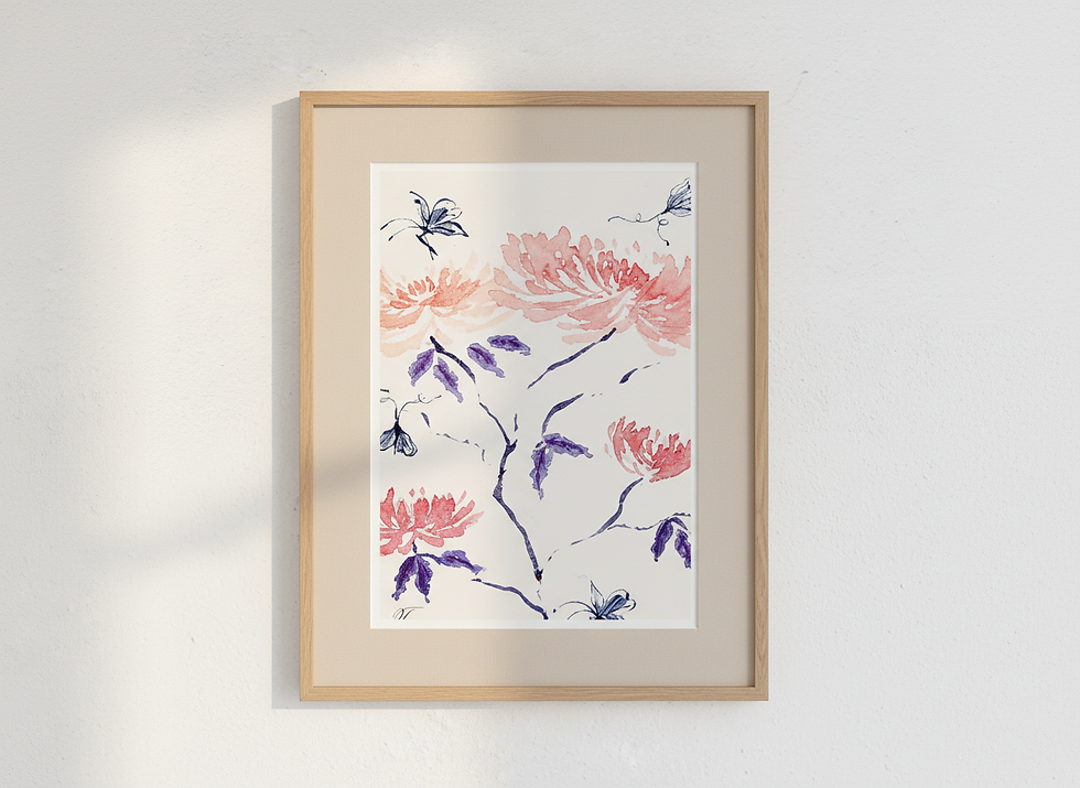 Watercolour chrysanthemum and butterflies framed painting hanging on a living room wall, with soft light from a window fallin