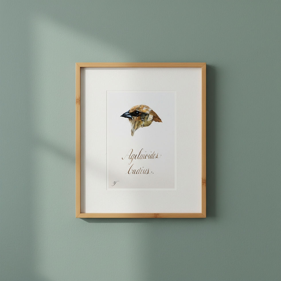 Framed gouache bird art print in minimalist style displayed on sage green wall, neutral home decor wall art.