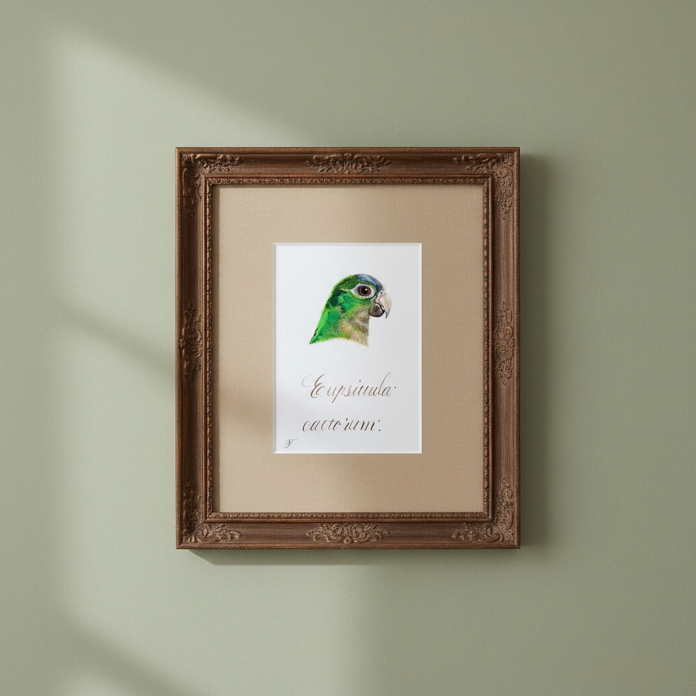 Framed green bird illustration in wooden frame, botanical wildlife art print for sophisticated home decor.