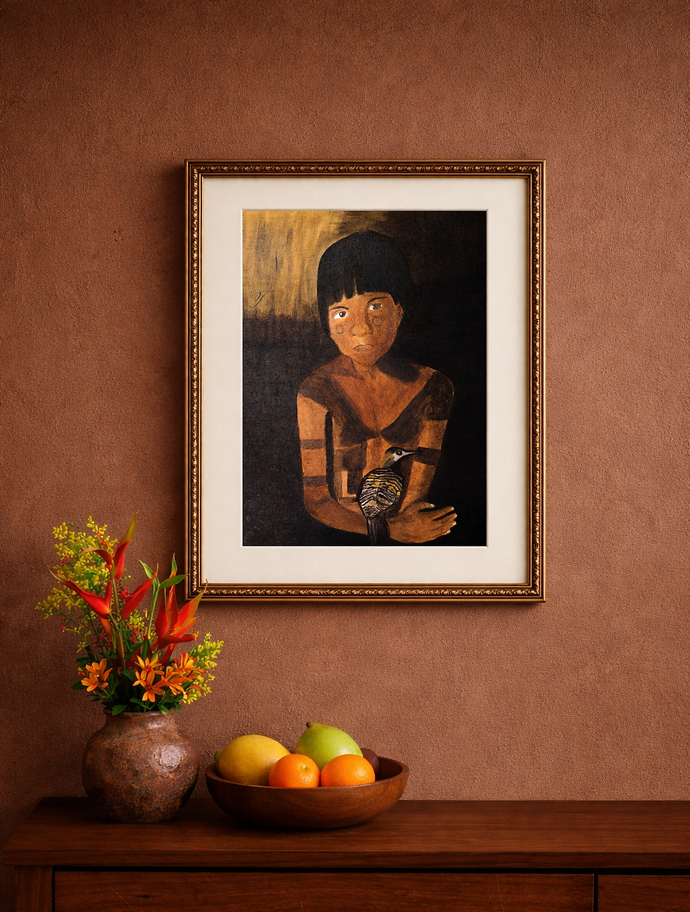 Framed fine art giclée print of original portrait painting of a Brazilian Indigenous boy.