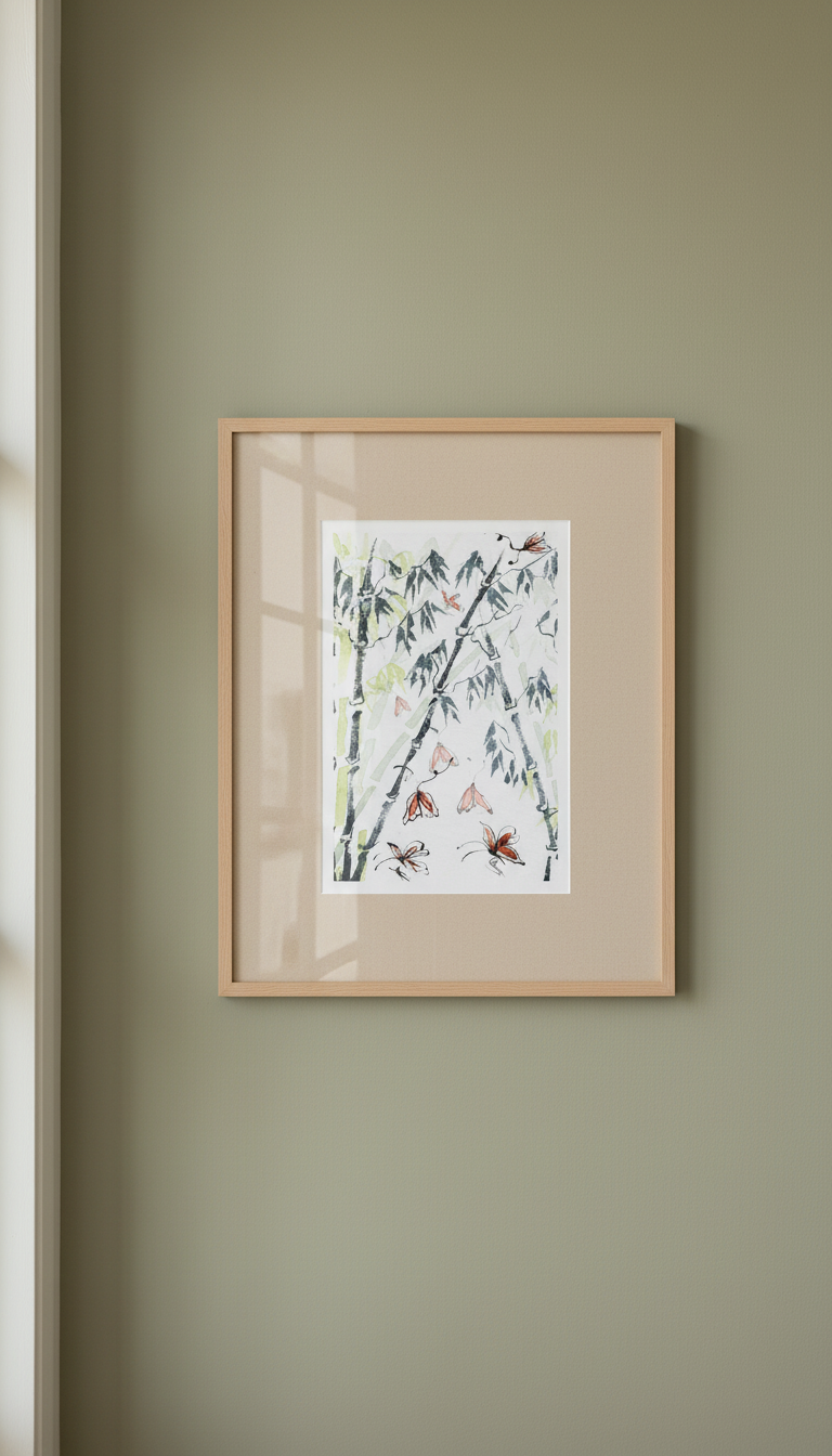 Watercolour Bamboo and butterflies framed painting hanging on a wall with a soft light reflecting on it.