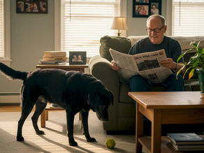 Labrador dog brings ball in family room