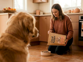 Dog owner preparing freeze dried dog food meal