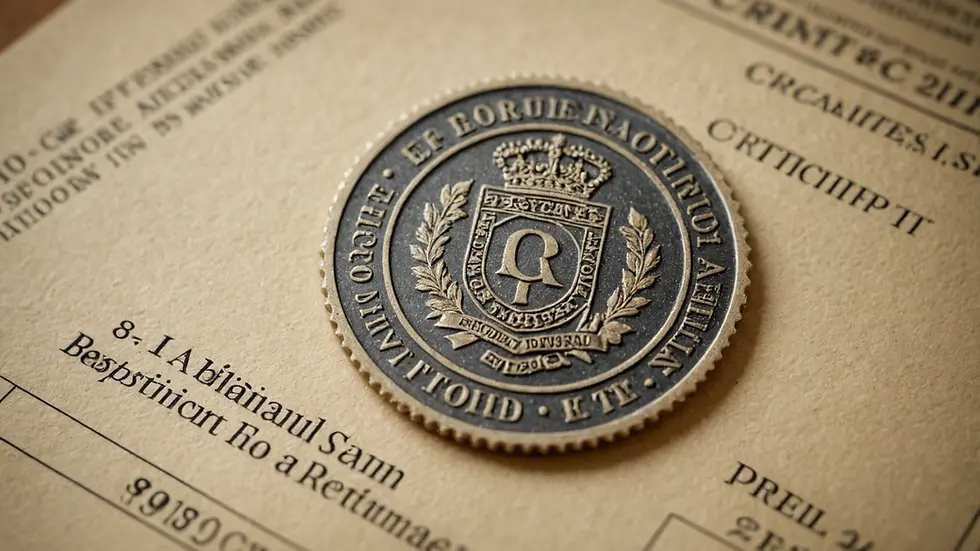 Eye-level view of an official stamp over a certificate