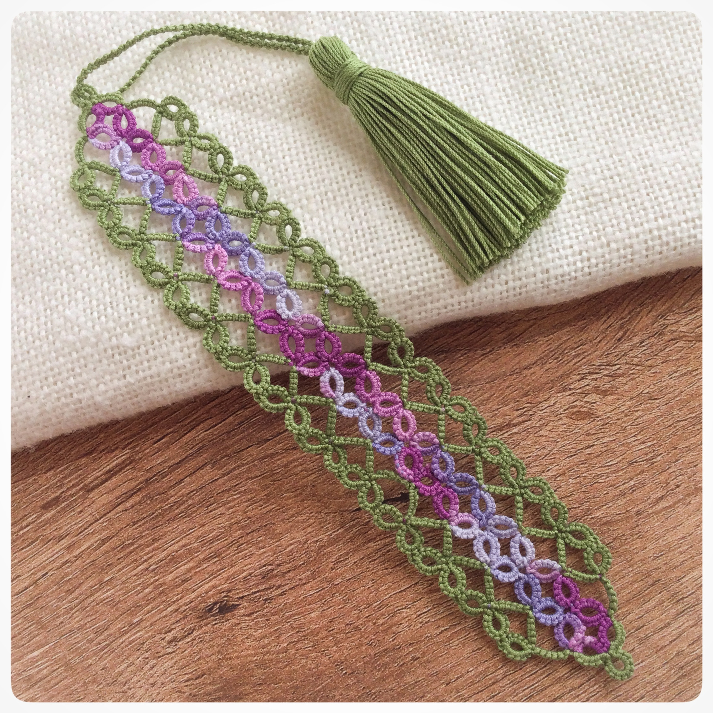 'Bea' Purple and Leaf Green Tatted Medieval Bookmark with Tassel