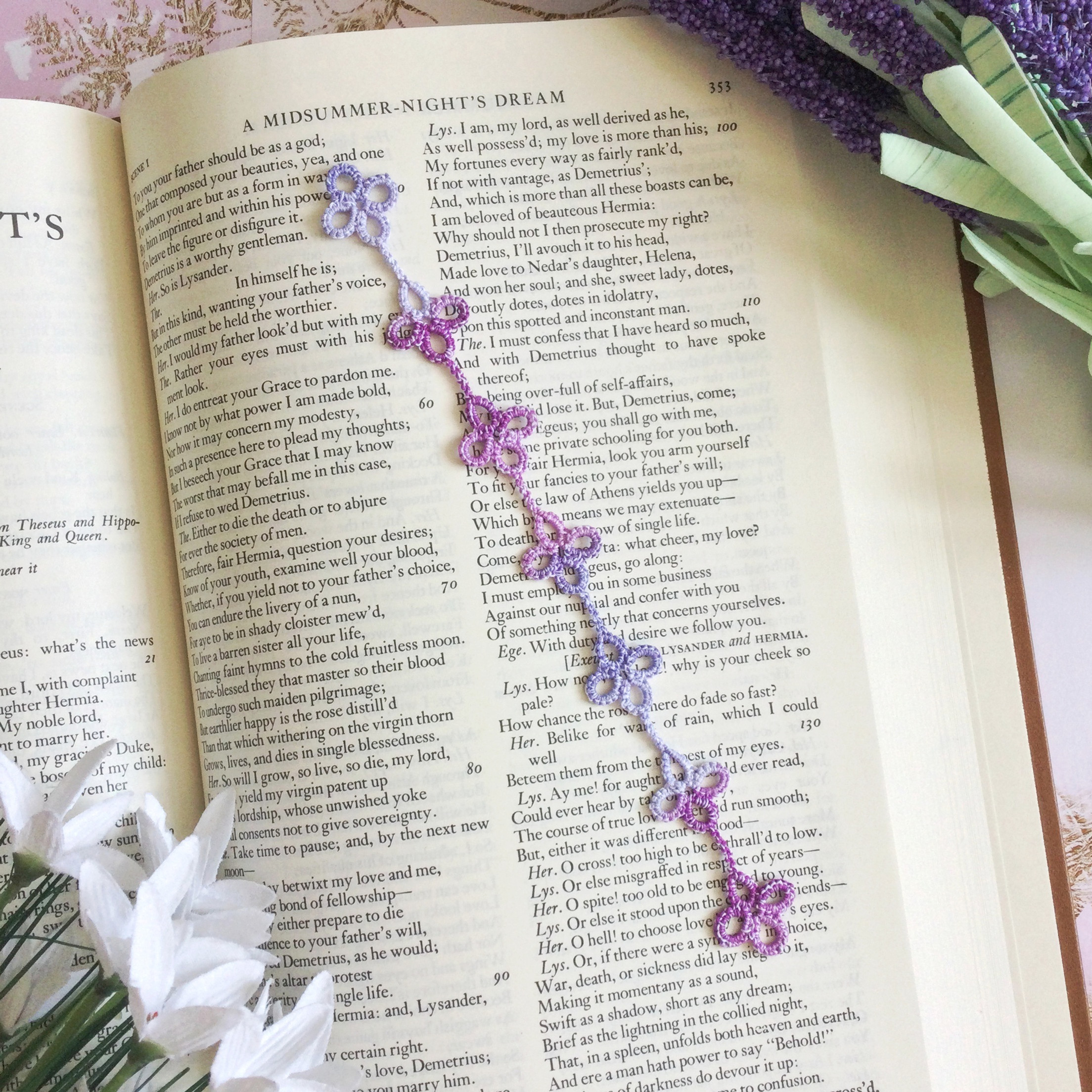 'Emma' Purples and White Tatted Lace Bookmark