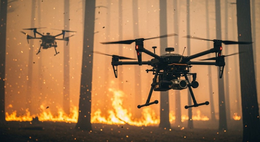 Emergency response drones surveying forest fire, surrounded by flames and smoke from wildfire