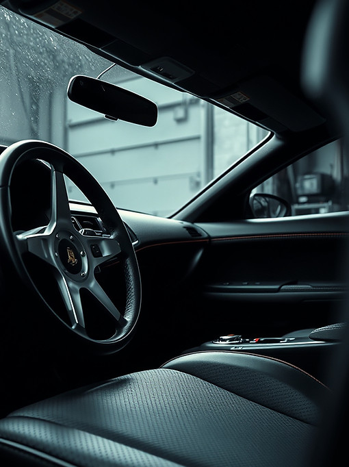 dark garage interior vehicle detail (interior stitching, wheel, badge) abstract texture (c
