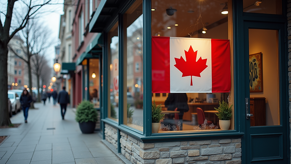 Eye-level view of a storefront with a Canadian flag outside