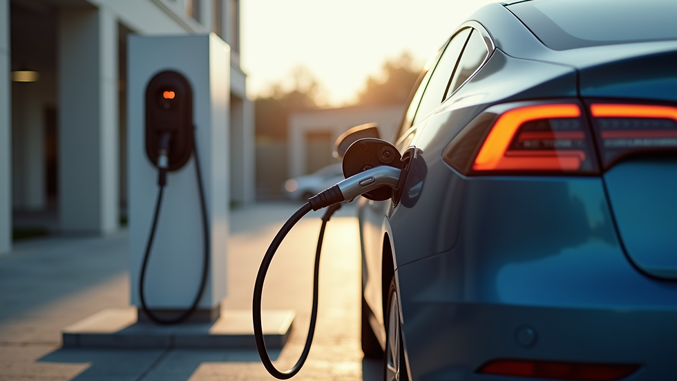Eye-level view of an EV charging station with a car plugged in